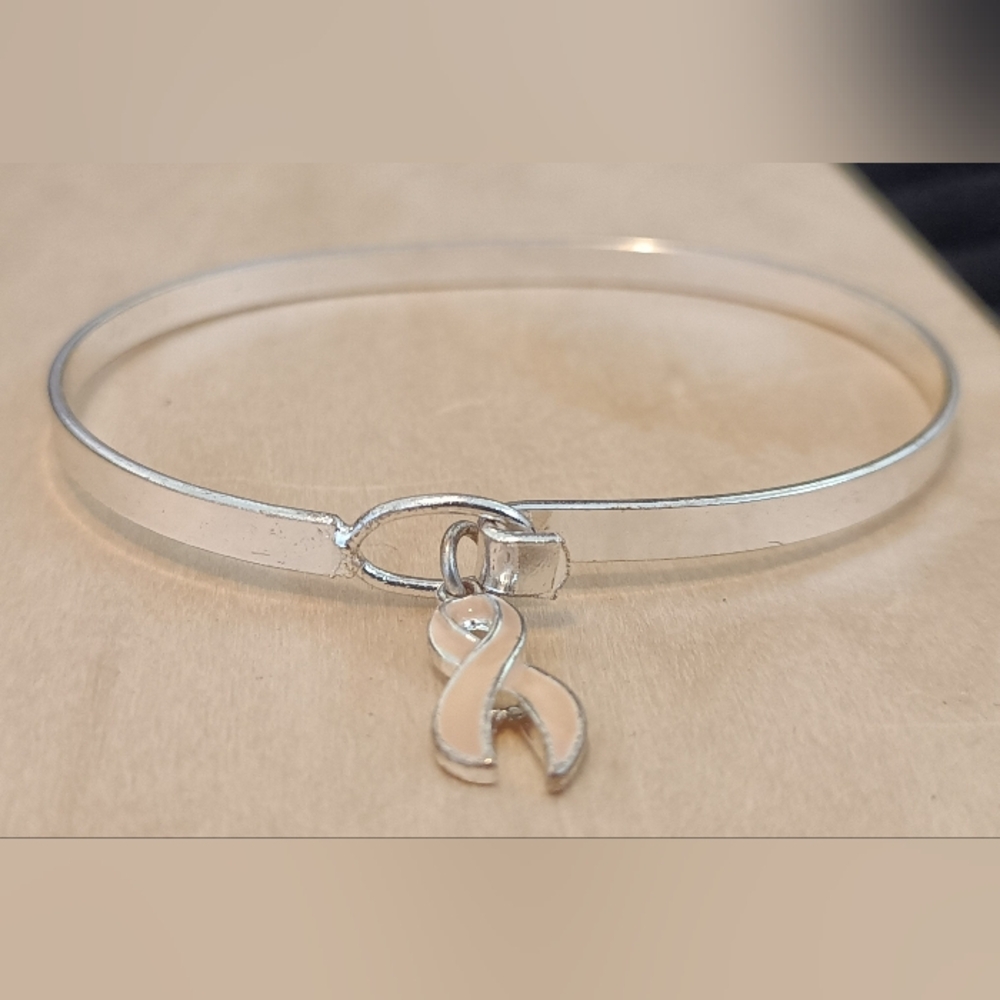 Silver Ribbon Charm Bangle Bracelet - Women Jewelry